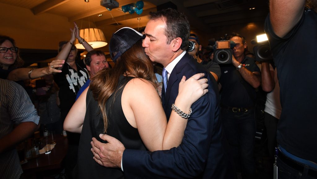 Steven Marshall greets the party faithful on election night last year: 18 months on, the party faithful are getting restless. Photo: Tracey Nearmy / AAP