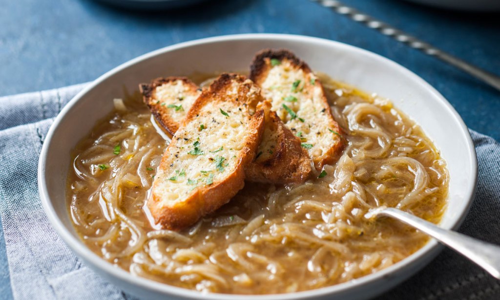 Thumbnail for French Onion Soup Topped with Gruyere Toasts