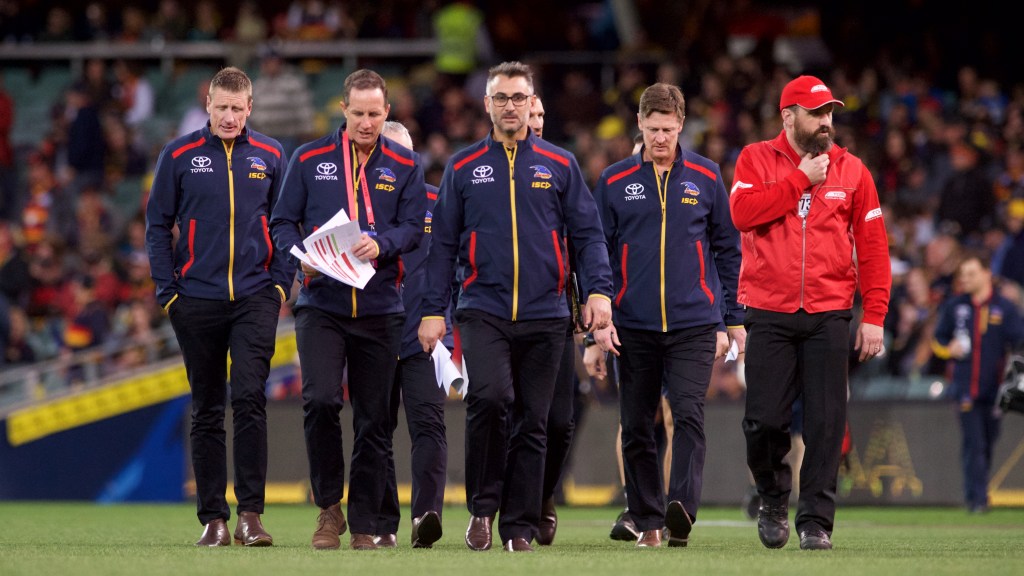 The Crows' (for want of a better term) brains' trust, not having as much Fun as they did in the pre-season. Photo: Michael Errey / InDaily