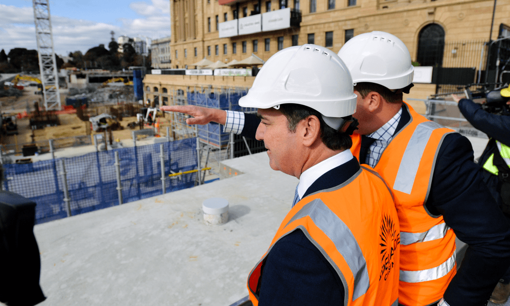 Premier Steven Marshall overlooking the Skycity Casino Hotel development site. Photo: Morgan Sette / AAP