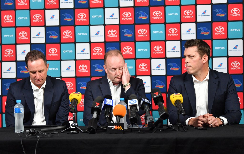 DON'S FAREWELL PARTY: Pyke, chairman Rob Chapman and CEO Andrew Fagan face the media last week. Photo: David Mariuz / AAP