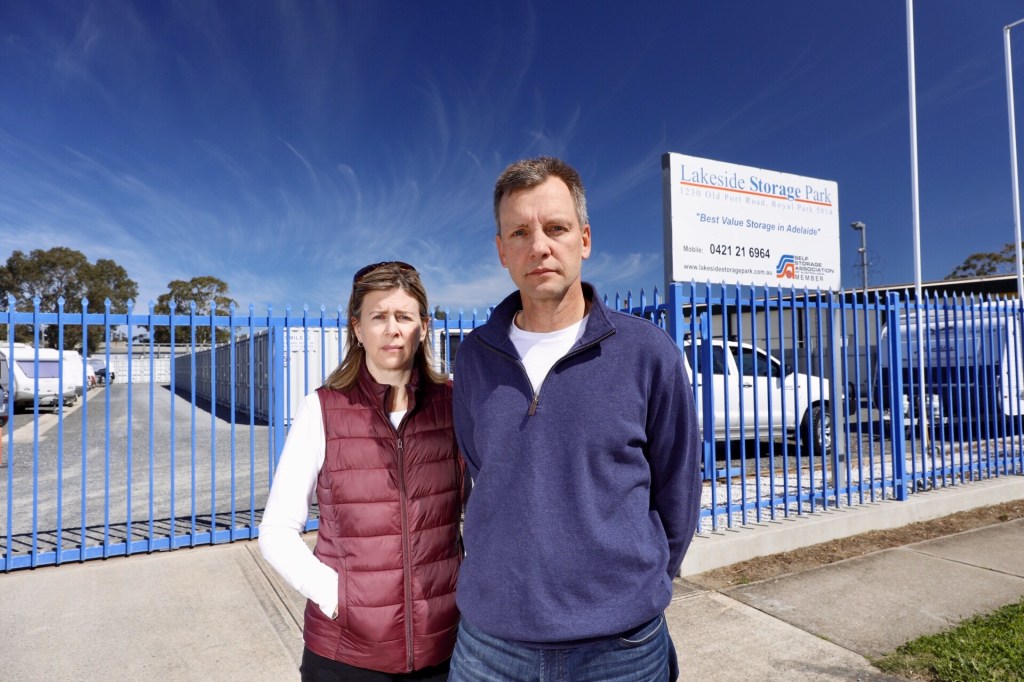 MUM AND DAD INVESTORS: James Turcinov with his wife Julianne outside their western suburbs storage firm. Photo: Tony Lewis / InDaily