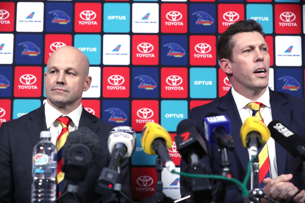Matthew Nicks settles in next to Crows CEO Andrew Fagan as he is unveiled as the man to guide the troubled club through an uncertain future. Photo: Kelly Barnes / AAP