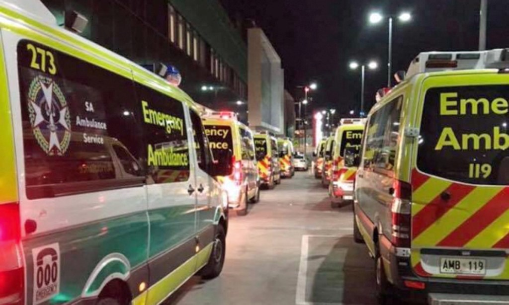 A photo posted on the Ambulance Employees Association Facebook page, showing ambulances being "ramped".