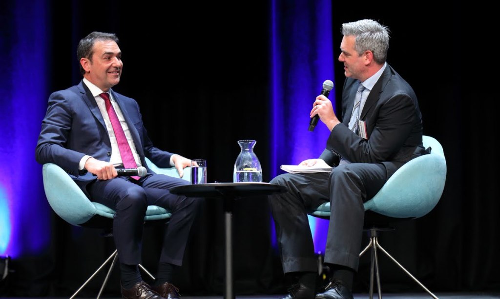 Tom Richardson interviews Premier Steven Marshall at last year's SA Business Index event. Photo: Tony Lewis / InDaily
