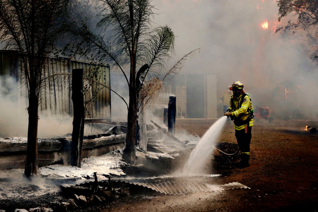A firefighter helps extinguish a fire at Possum Brush in the Mid North Coast region of NSW this week. Photo: AAP/Darren Pateman