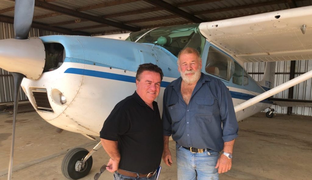 Frank Pangallo with veteran air fire spotter Dave Halloran, one of the residents the MP met on Kangaroo Island this week. Photo: Suppled / SA Best