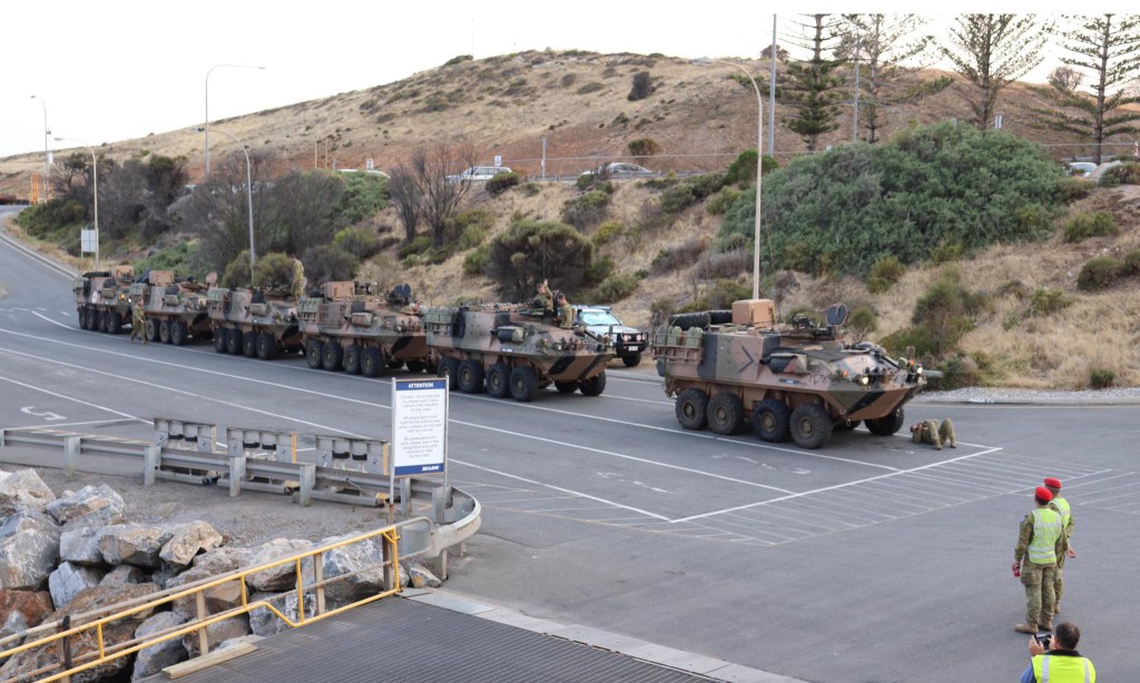 Six Australian Army armoured personnel carriers arrive in Kangaroo Island. Photo: Leon Bignell / Facebook