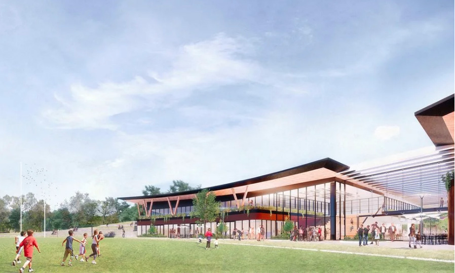 A render of the proposed Adelaide Football Club sports and community centre in the park lands. Image: AFC
