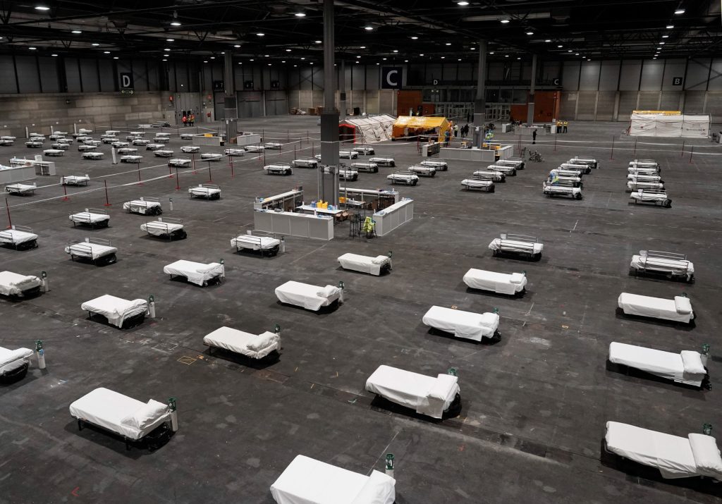 A temporary hospital set up in a convention centre, Madrid,
Spain. Photo: EPA/Madrid Regional Government