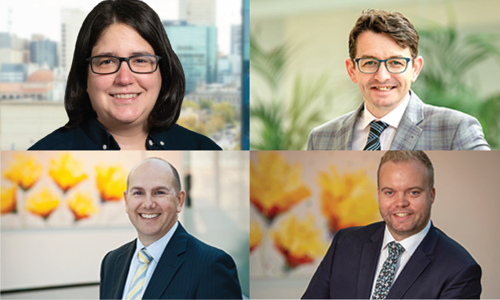 Ins and outs in the professional services world include (clockwise from top left) Melissa Fardone, Stephen Nisbet, Ben Brazier and Jarrod Morris.