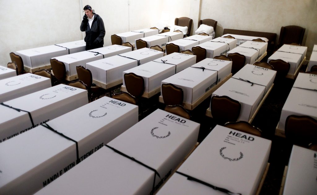 Coffins containing coronavirus victims at a New York funeral home. Photo: EPA/Justin Lane