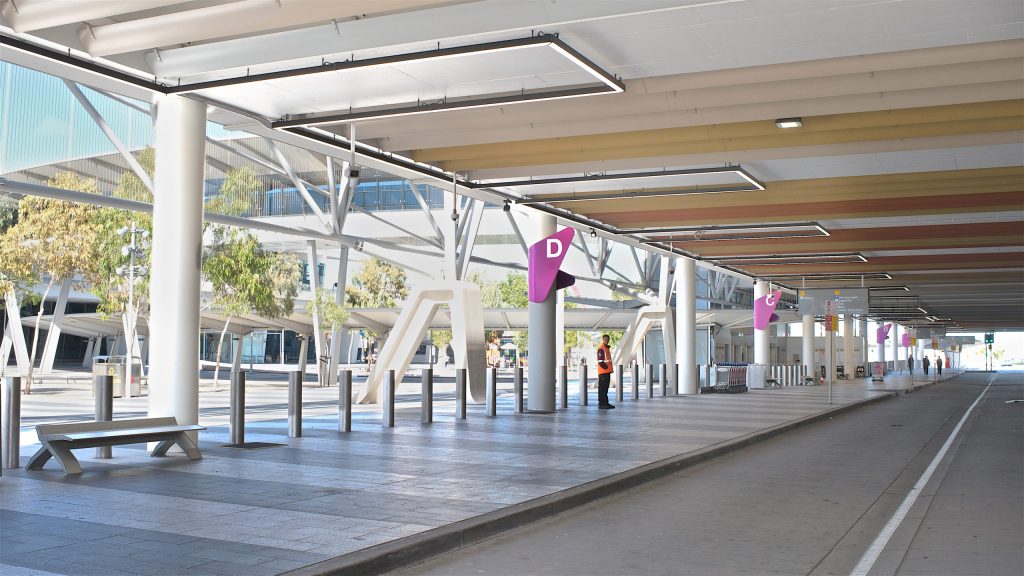 The normally bustling passenger pick-up area at Adelaide Airport this week. The travel industry is among those recording the highest drops in consumer spending. Photo: Michael Errey / InDaily
