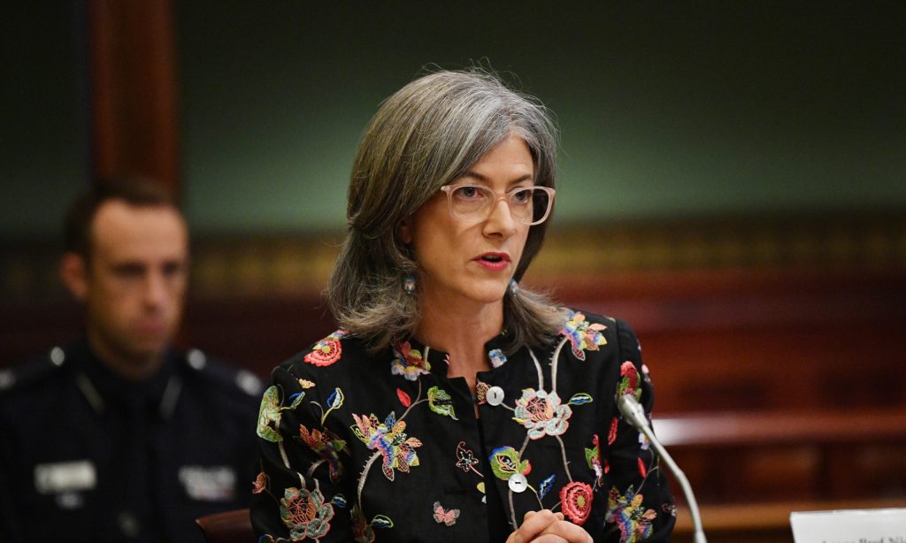 Chief public health officer Professor Nicola Spurrier at this morning's parliamentary hearing. Photo: David Mariuz/AAP
