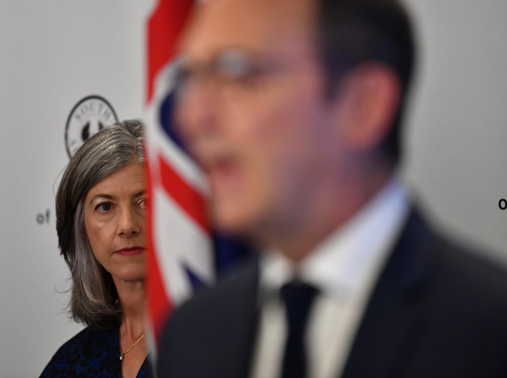 Dr Nicola Spurrier looks on as Premier Steven Marshall speaks to the media. Photo: David Mariuz / AAP