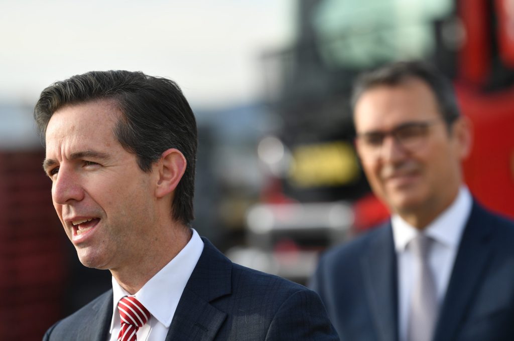 Federal Tourism Simon Birmingham (left) with  SA Premier Steven Marshall. Photo: AAP/David Mariuz