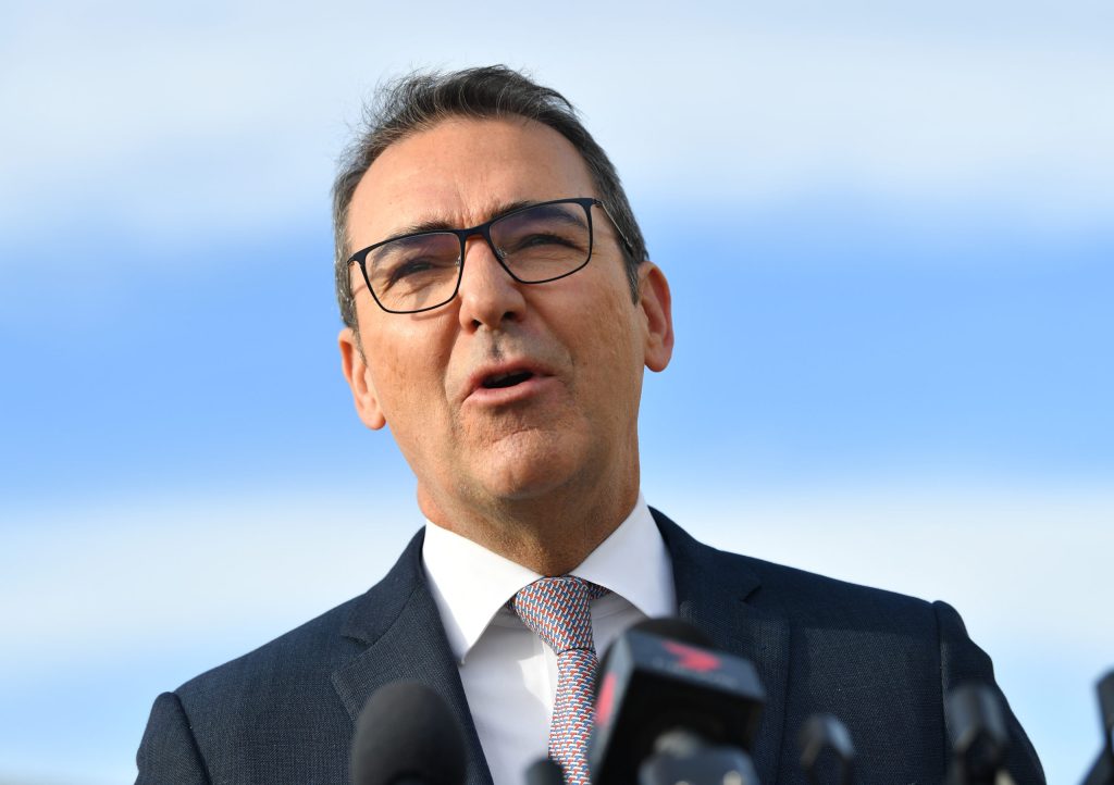 SA Premier Steven Marshall speaks to the media during a press conference before the first international freight flight leaves Adelaide Airport in Adelaide, Wednesday, May 6, 2020. (AAP Image/David Mariuz) NO ARCHIVING