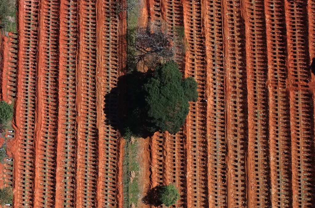Aerial view of new graves for COVID-19 victims in Sao Paulo, Brazil. Photo:   EPA/PAULO WHITAKER