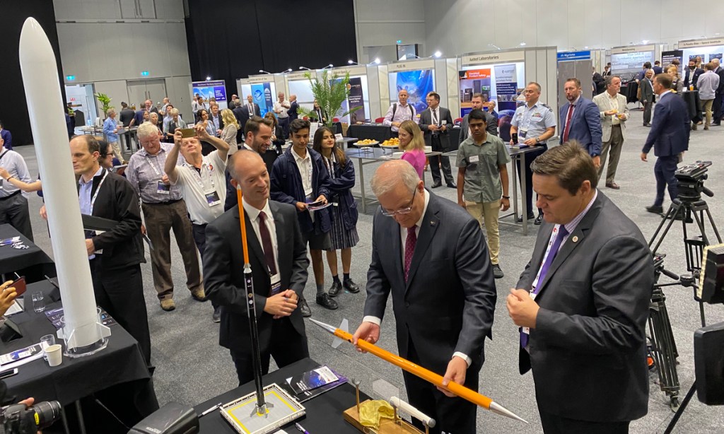 Prime Minister Scott Morrison, centre, joined Lloyd Damp of Southern Launch, left, and Ian Spencer of DEWC Systems at the 9th Australian Space Forum in Adelaide in February.