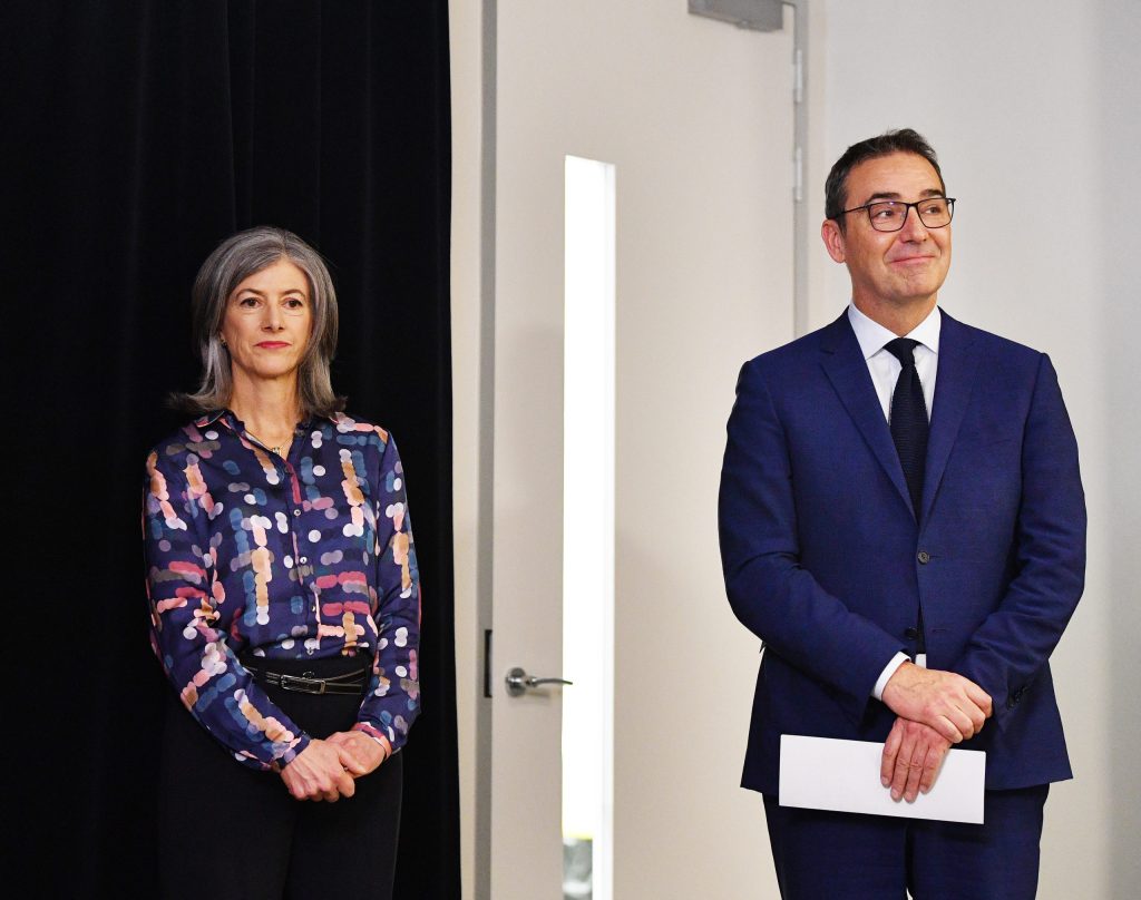 South Australian Chief Public Health Officer Dr Nicola Spurrier and South Australian Premier Steven Marshall. Photo: AAP/David Mariuz