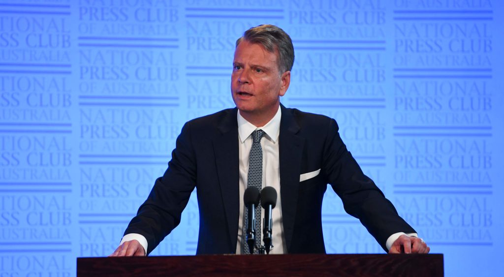 Bailes speaking at the National Press Club during his time as national Law Council president. Photo: Lukas Coch / AAP