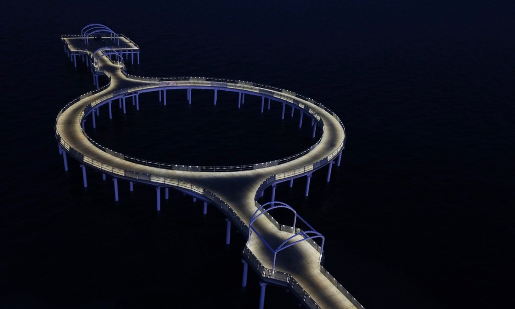 Viewed from the air at night, Whyalla's new jetty could be mistaken for something out of a science fiction movie. Picture supplied.