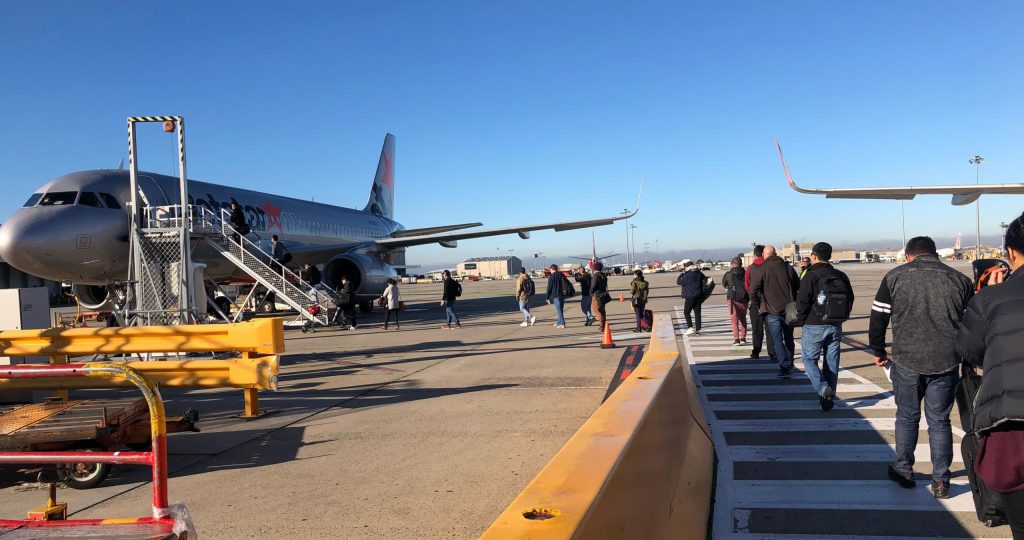 Boarding the plane from Melbourne to Adelaide.