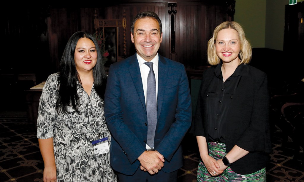 Premier Steven Marshall with 40 Under 40 winners Carmen Garcia and Sarah Bartholomeusz at the launch of the group's alumni last year. Photo: Ben Kelly 