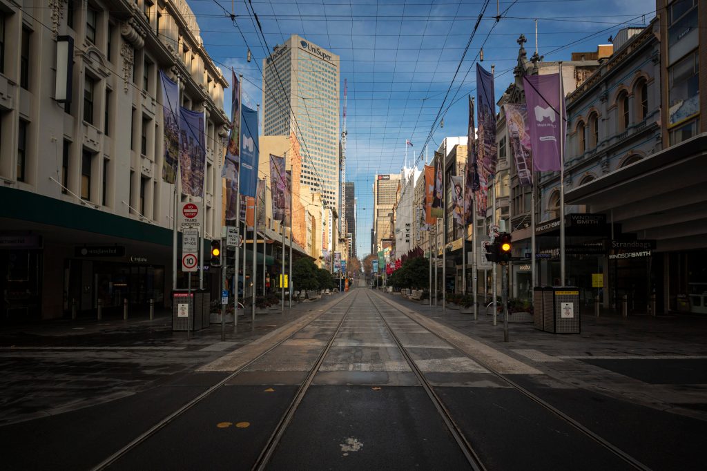 A familiar sight in locked-down Melbourne. Photo: AAP/Daniel Pockett