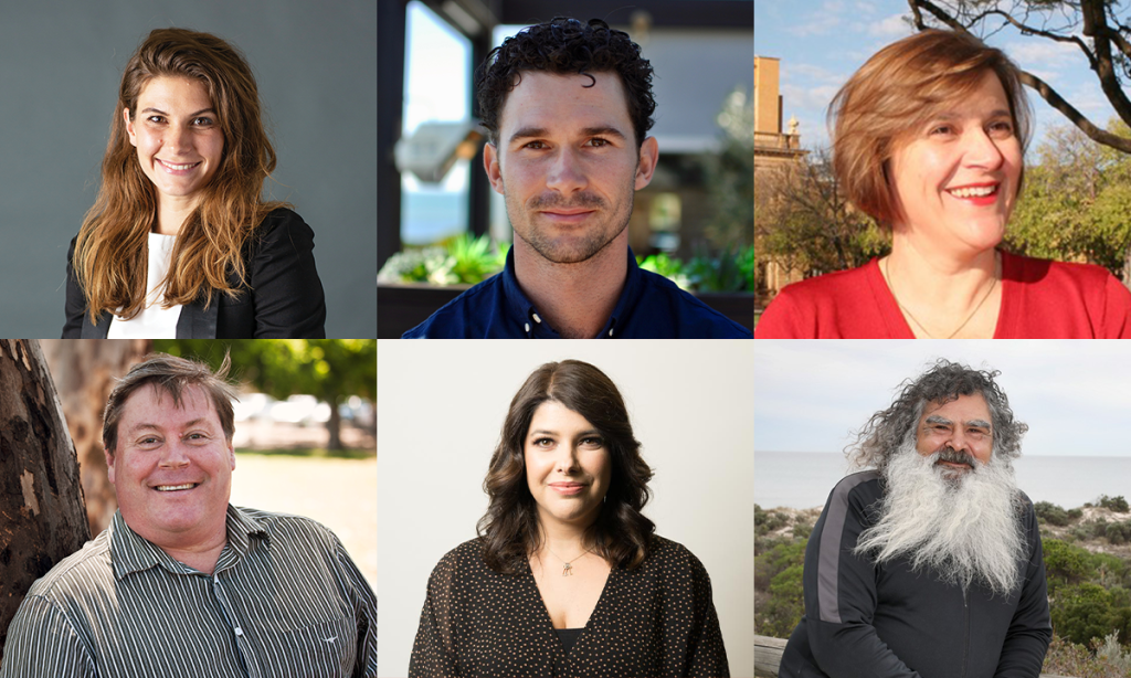 The faces of the inaugural Green Adelaide board (Clockwise from top left): Claire Boan, Louka Parry, Trixie Smith, Jeffery Newchurch, Dena Vassallo and Chris Daniels.
