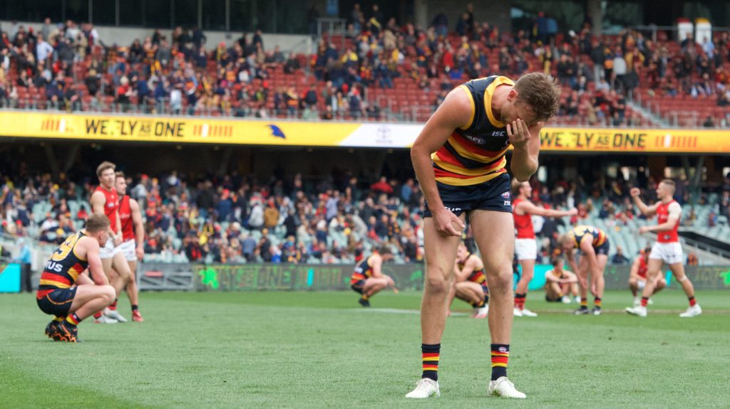 Brodie Smith after missing a shot at goal in the dying seconds of yesterday's game. He should cheer up. Photo: Michael Errey / InDaily