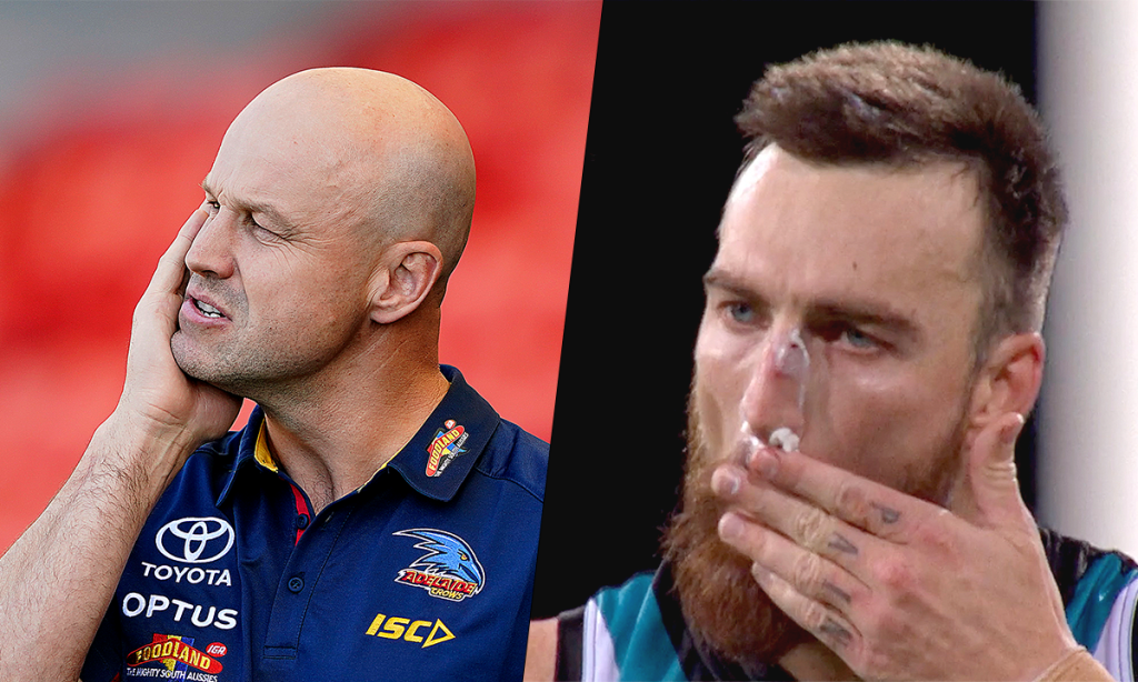 Matthew Nicks ponders where his life took a turn for the worse (hint: it was when he joined the Crows), while Charlie Dixon's finger ink conveys his current disposition. Photos via AAP / Channel 7