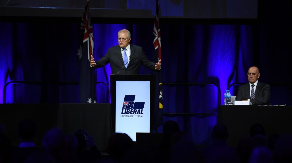 Prime Minister Scott Morrison addressees Saturday's AGM in Adelaide. Photo: Mark Brake / AAP