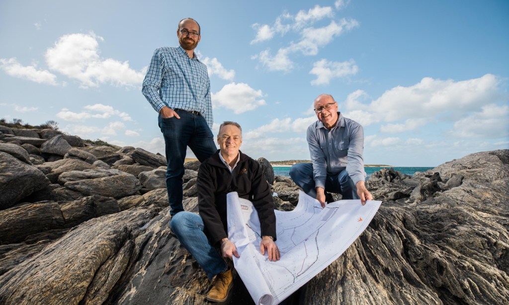 Andrew Newman, Division Director, Macquarie Capital, Larry Ingle, CEO, Iron Road and Tim Scholz, CEO, Eyre Peninsula Co-operative Bulk Handling at the proposed Cape Hardy port site.