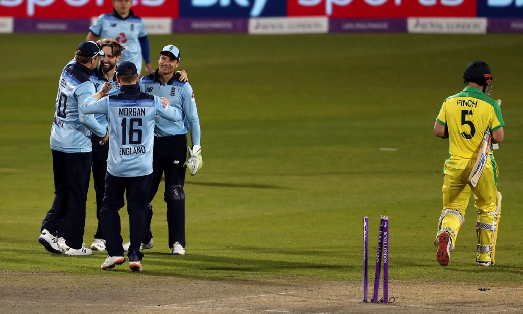 Australian captian Aaron Finch's dismissal came as the Aussies collapsed in their ODI loss to England this morning.  Picture: Martin Rickett/NMC/PA Wire. 
