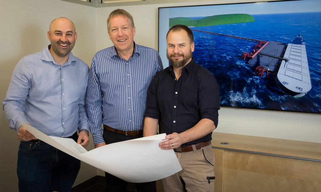 KIPT’s Alan Braggs, centre, with Maritime Constructions’ Matt Haskett and Shane Fiedler.