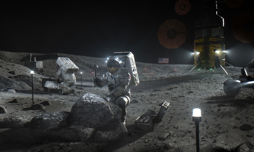 An artist’s render of Artemis astronauts on the Moon. Image courtesy NASA.