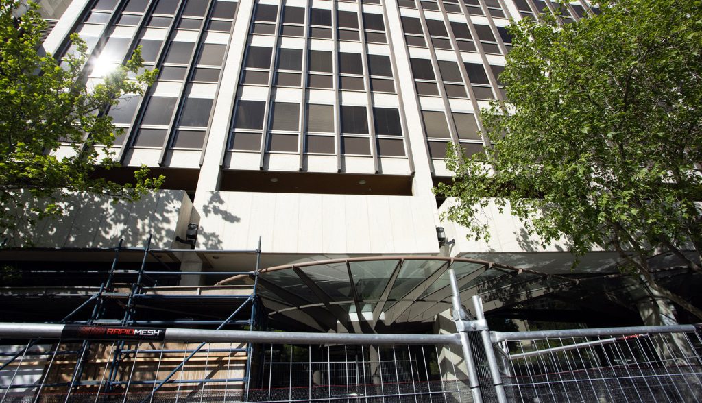 Scaffolding at the entrance of the Victoria Square building. Photo: Tony Lewis / InDaily