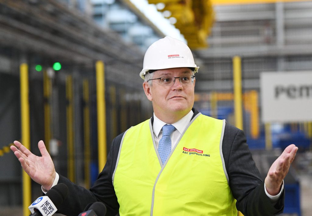 Prime Minister Scott Morrison at Osborne Naval Shipyards. Photo: AAP/David Mariuz