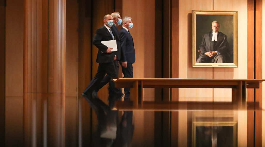 Treasurer Josh Frydenberg, Prime Minister Scott Morrison and Deputy Prime Minister Michael McCormack ahead of the Treasurer's Budget speech last night. Photo: AAP/Sydney Morning Herald Pool/Alex Ellinghausen