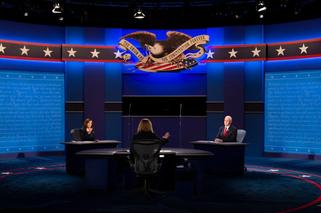 Democratic vice presidential nominee Senator Kamala Harris  and US Vice President Mike Pence during the vice presidential debate at the University of Utah in Salt Lake City. Photo:  EPA/Shawn Thew