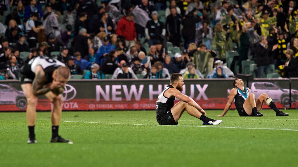 Port players react on the final siren. Photo: Michael Errey / InDaily