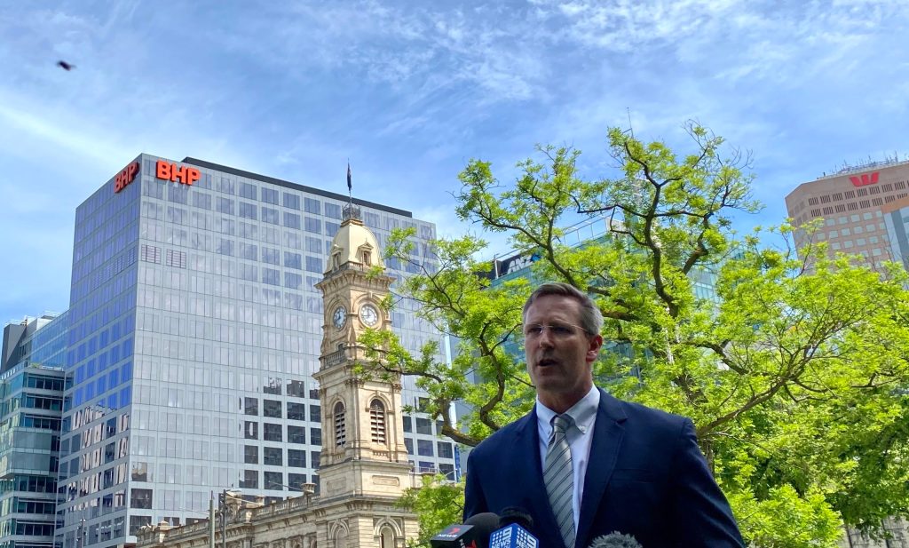 Mining Minister Dan van Holst Pellekaan fronts media today, in the shadow of BHP's city headquarters. Photo: Tom Richardson / InDaily 