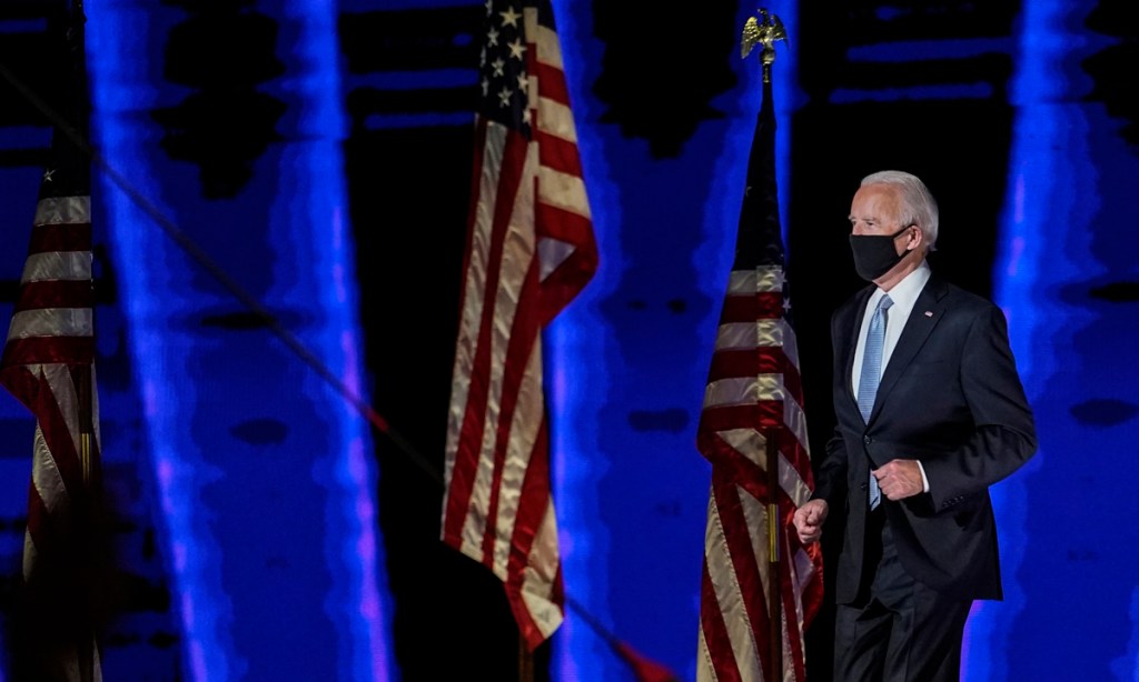 President-elect Joe Biden arrives to speak on Saturday in Wilmington, Delaware. Picture: Carolyn Kaster/AP.