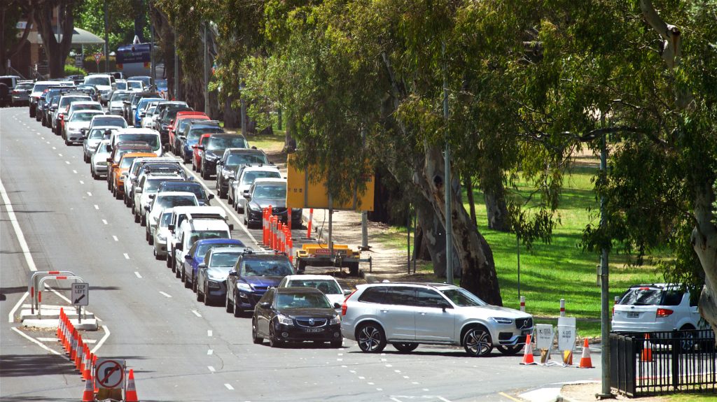 Queueing for COVID-19 testing at Victoria Park this morning. (Photo: Michael Errey/InDaily)
