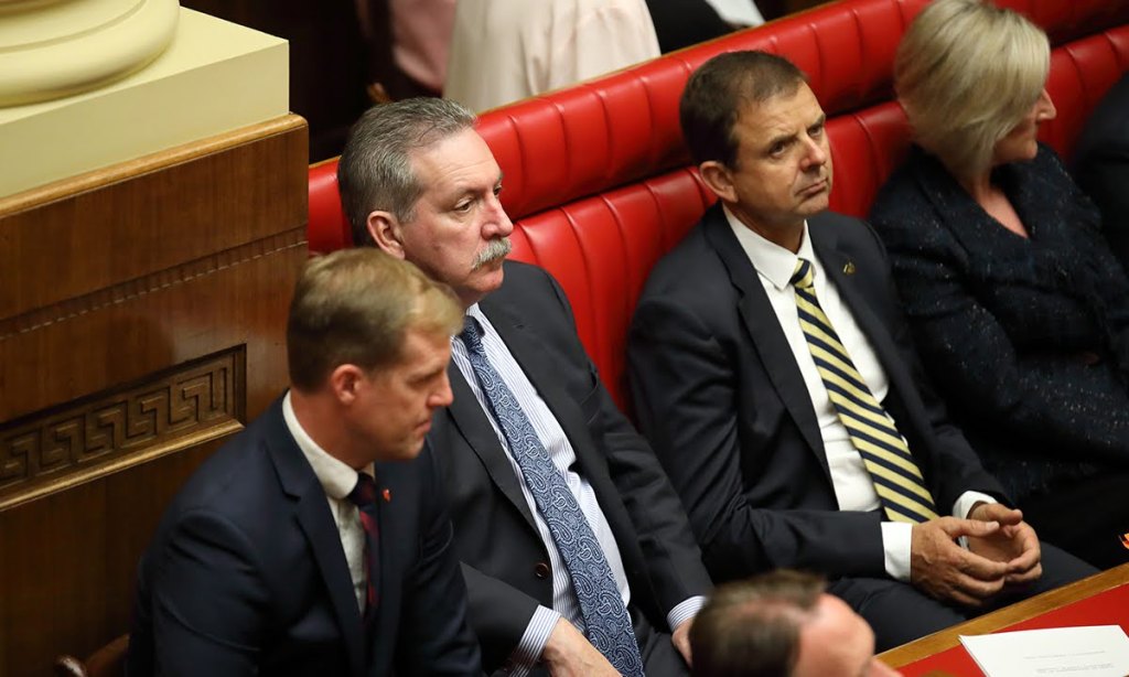 Liberal MP Nick McBride (second from right) has lashed out at the Government's handling of last week's lockdown. Photo: Tony Lewis/InDaily