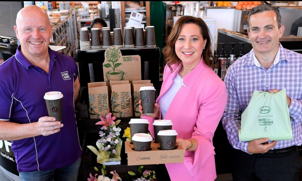 Foodbank SA CEO Greg Pattinson with On The Run's Joann Skene and BioBag Australia Director Scott Morton. Image: Mark Brake.