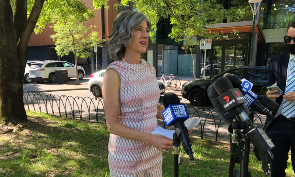 Chief public health officer Nicola Spurrier addresses a hastily organised press conference late yesterday afternoon.