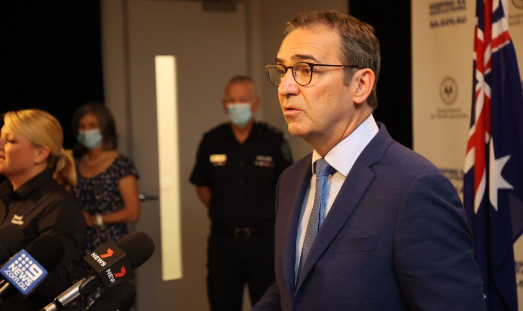 Premier Steven Marshall with Police Commissioner Grant Stevens and Chief Public Health Officer Nicola Spurrier. Photo: Tony Lewis/InDaily