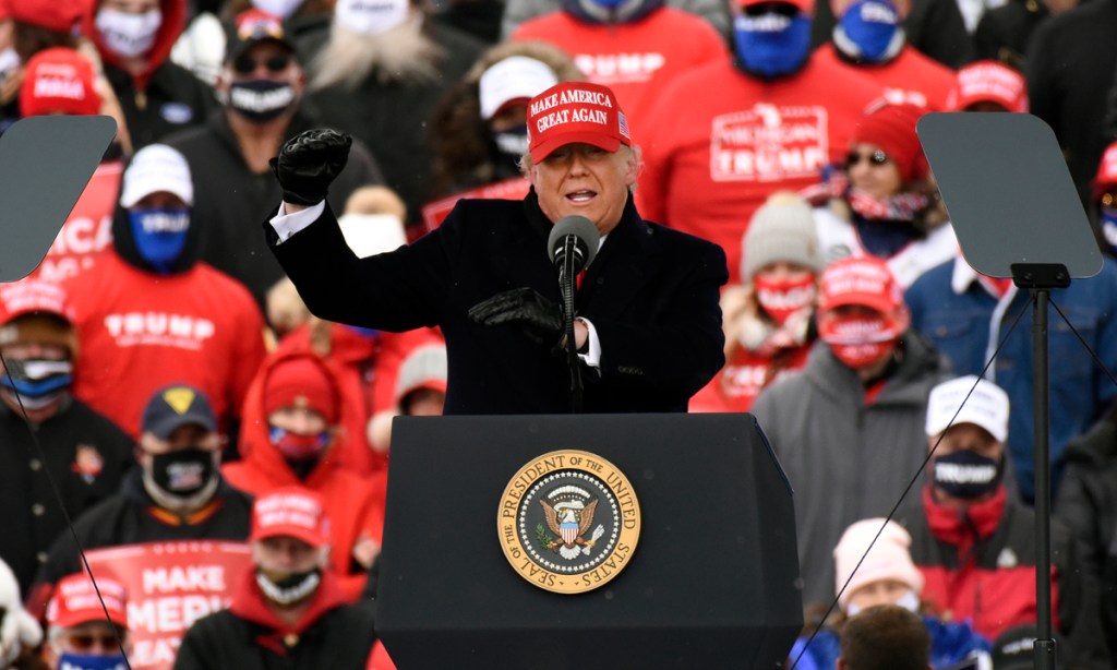 President Donald Trump speaks during a campaign rally in Michigan on Sunday, Nov. 1, 2020. Picture: Jose Juarez/AP